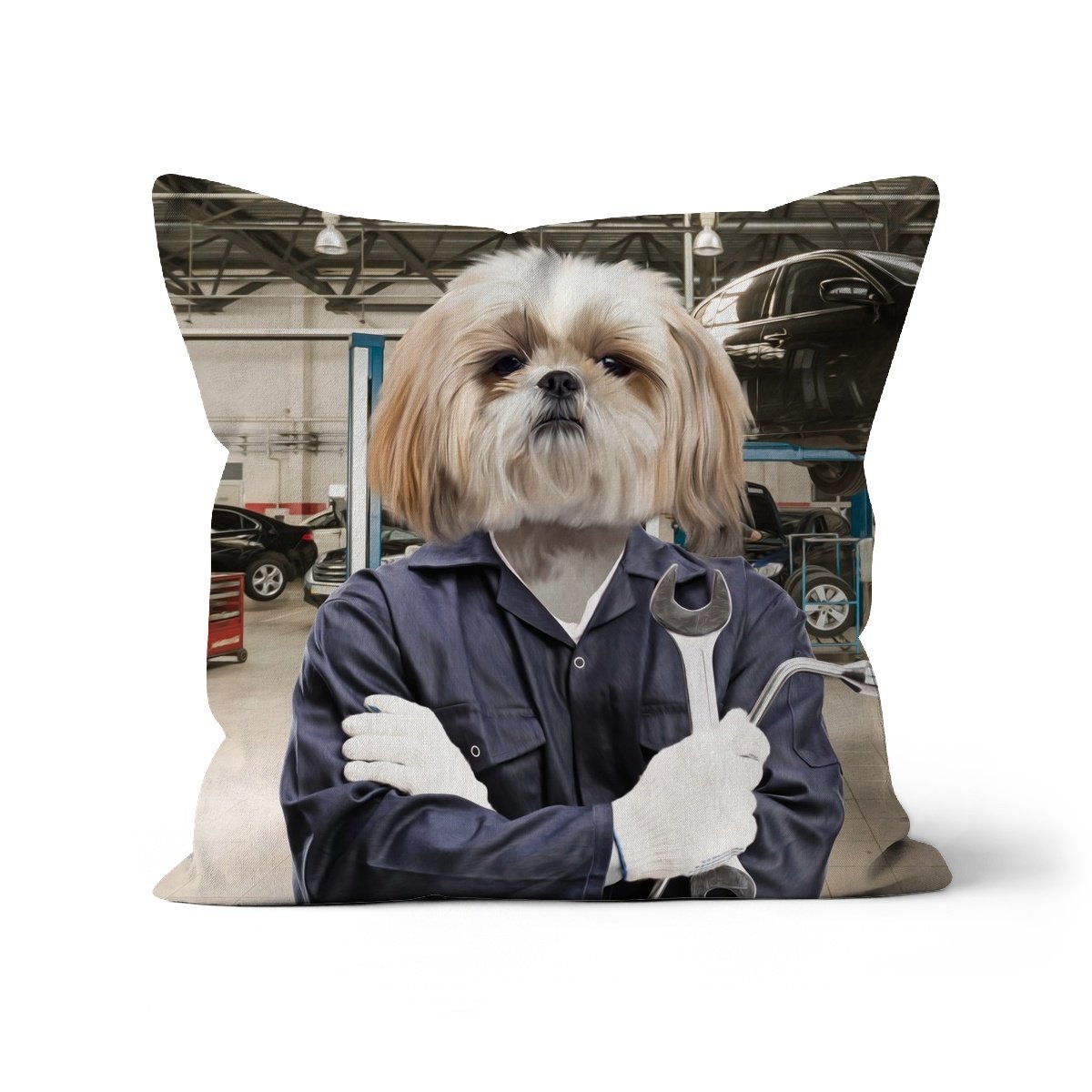 The Mechanic: Custom Pet Cushion - Paw & Glory - #pet portraits# - #dog portraits# - #pet portraits uk#paw and glory, pet portraits cushion,pet face pillows, pillow personalized, dog personalized pillow, pillow with pet picture, dog pillows personalized