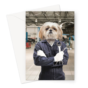 The Mechanic: Custom Pet Greeting Card - Paw & Glory - paw and glory, my pet painting, funny dog paintings, dog portrait painting, pet portraits usa, for pet portraits, custom pet painting, pet portraits black and white, pet portraits