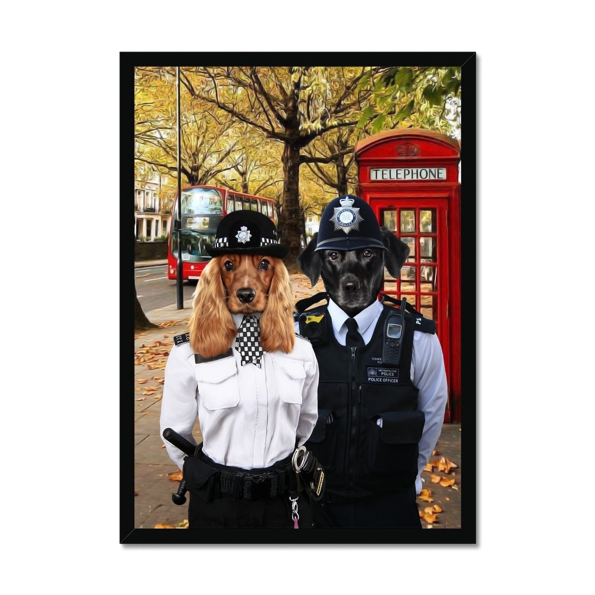 The Met Police Officers: Custom Framed 2 Pet Portrait - Paw & Glory, paw and glory, painting of your dog, dog portraits admiral, personalized pet and owner canvas, pet portrait singapore, digital pet paintings, dog portraits as humans, pet portrait