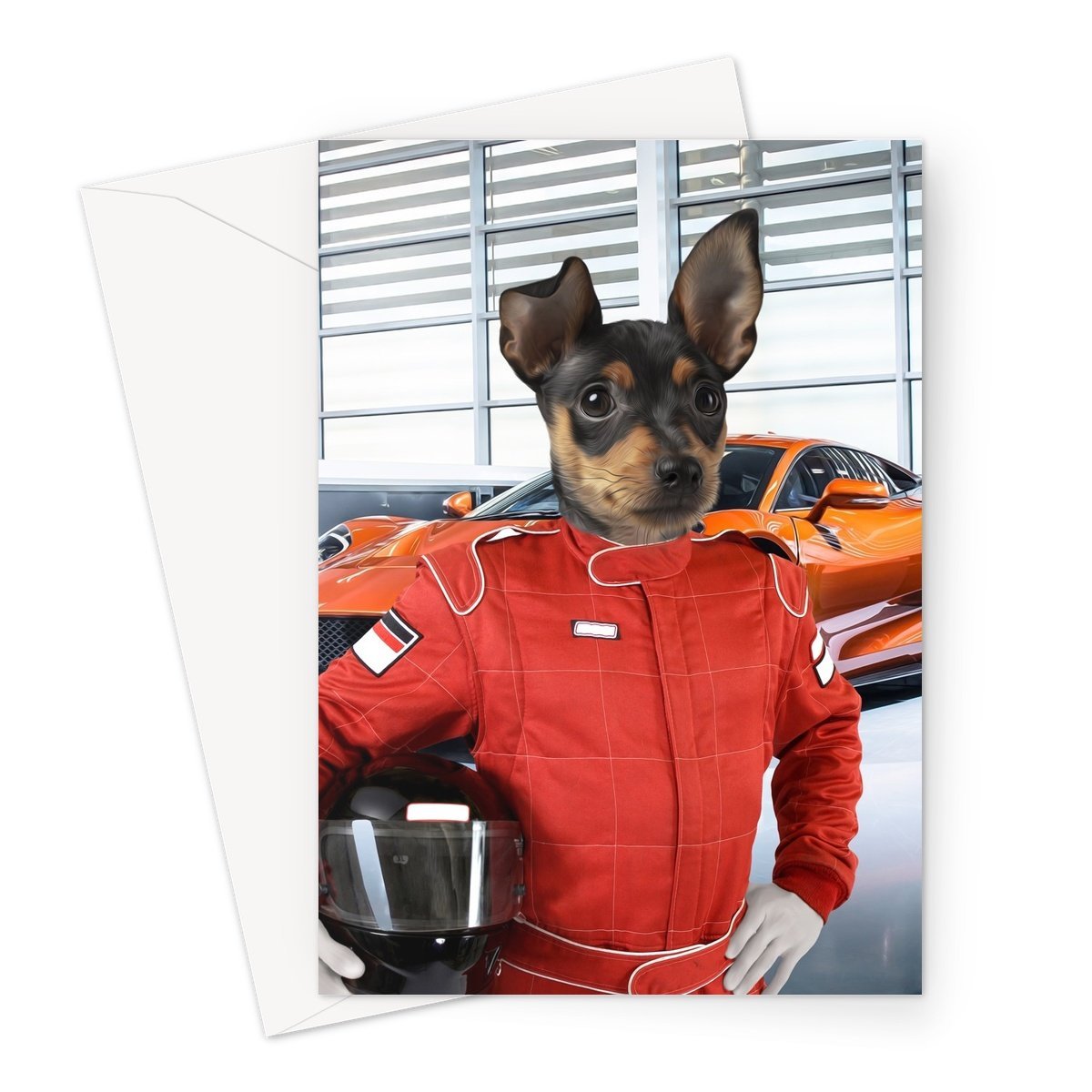 The Nascar Racer: Custom Pet Greeting Card - Paw & Glory - pawandglory, dog portraits singapore, dog portraits as humans, custom pet portraits south africa, original pet portraits, pet portraits usa, pet portraits in oils, pet portrait