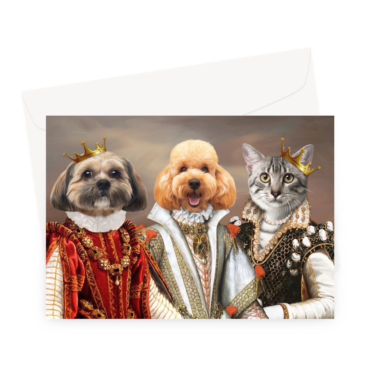 The Queens: Custom Pet Greeting Card - Paw & Glory - paw and glory, custom pet paintings, pet portrait admiral, dog portraits as humans, drawing pictures of pets, custom pet paintings, original pet portraits, pet portraits
