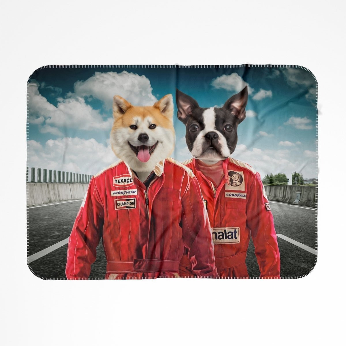 The Race Car Drivers: Custom Pet Blanket - Paw & Glory - #pet portraits# - #dog portraits# - #pet portraits uk#Pawandglory, Pet art blanket,dog fluffy blanket, personalised blankets for dogs, dog in blankets, dog printed blanket, put your dog's face on a blanket