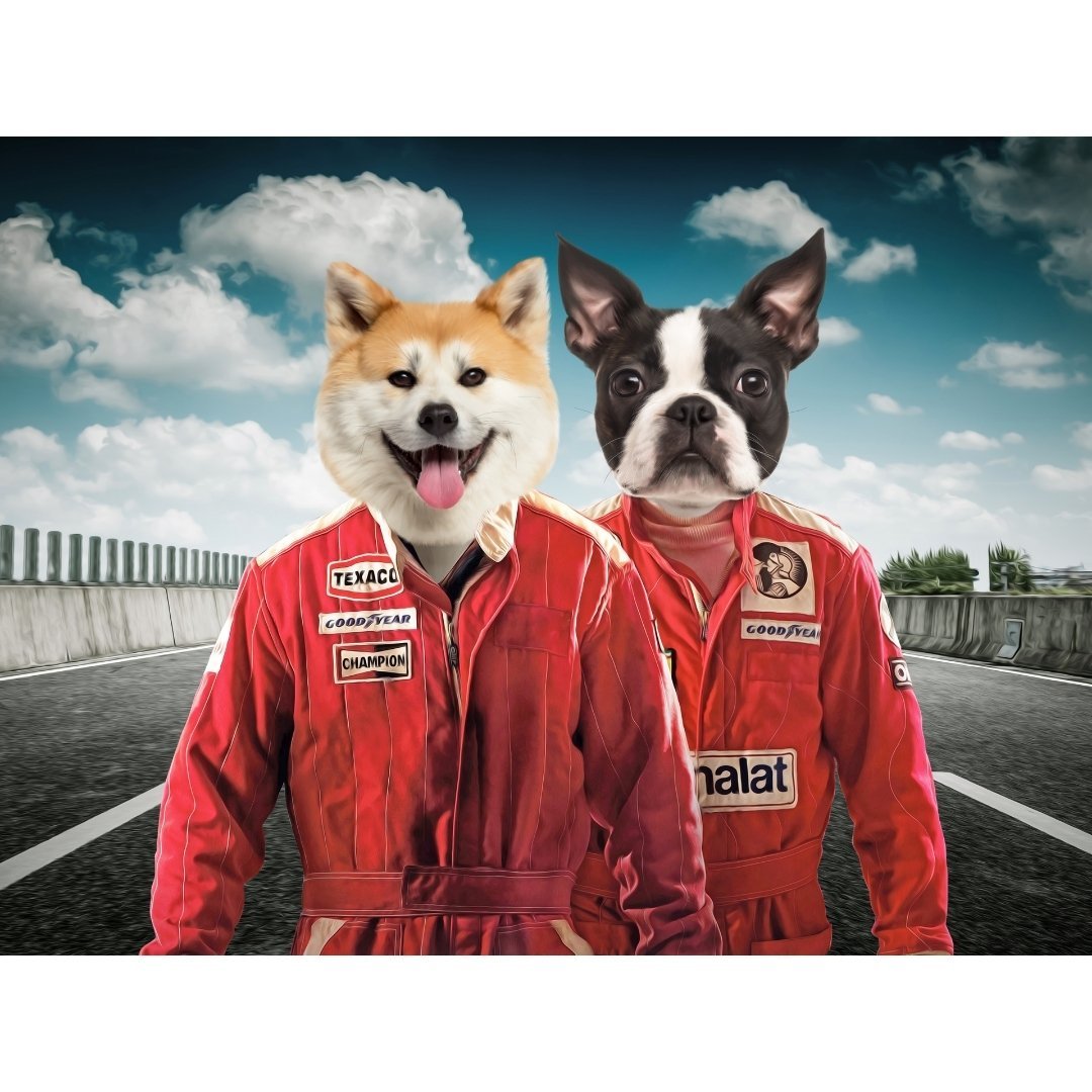 The Race Car Drivers: Custom Pet Digital Portrait - Paw & Glory, paw and glory, in home pet photography, dog portraits colorful, admiral dog portrait, dog drawing from photo, cat picture painting, pet portraits