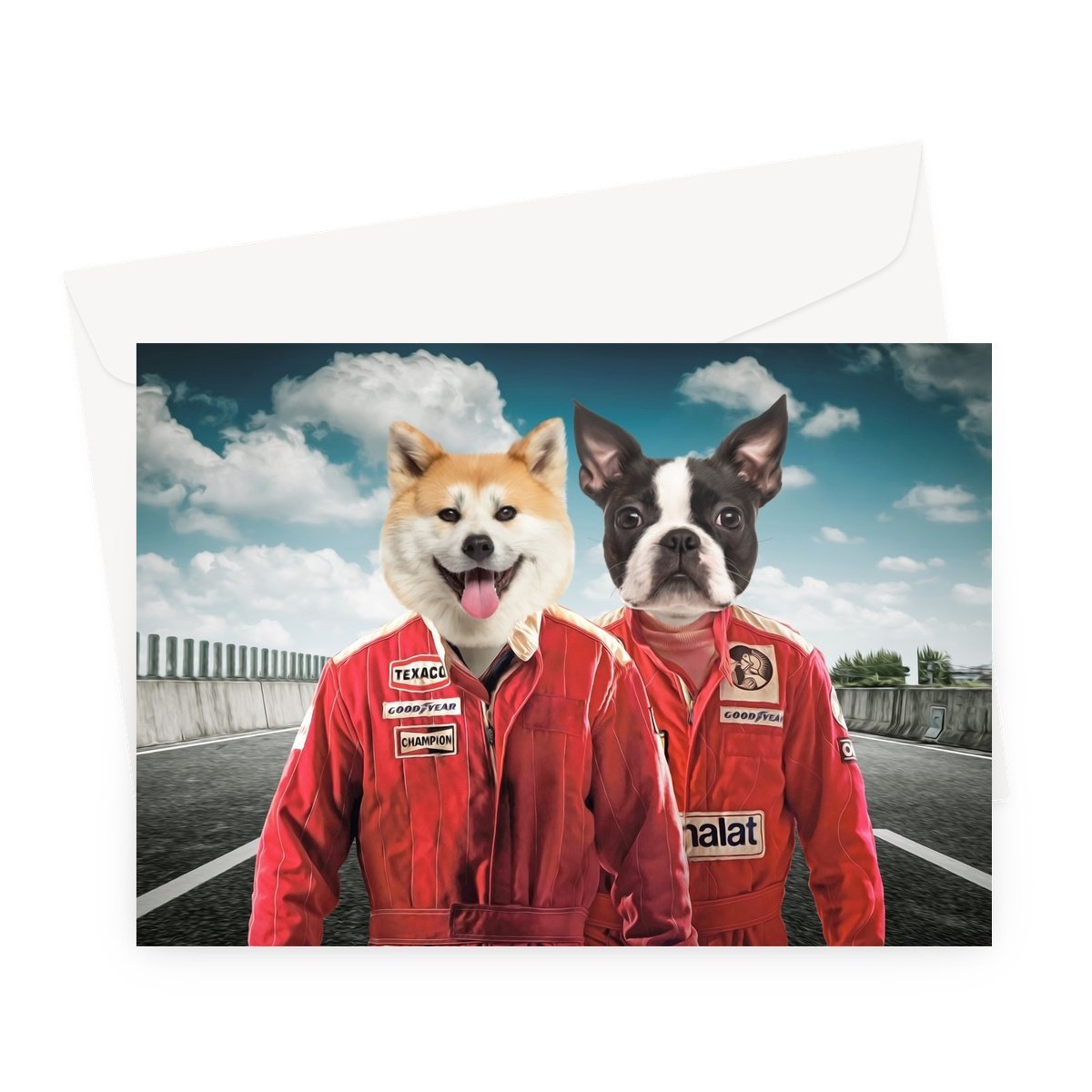 The Race Car Drivers: Custom Pet Greeting Card - Paw & Glory - #pet portraits# - #dog portraits# - #pet portraits uk#paintings of pets, dog caricatures, pets portrait, pet portraits paintings Pet portraits, Pet portraits uk, Crown and paw