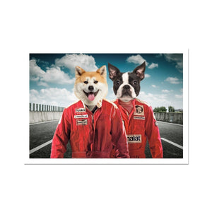 The Race Car Drivers: Custom Pet Portrait - Paw & Glory, paw and glory, painting pets, aristocratic dog portraits, dog and couple portrait, draw your pet portrait, for pet portraits, funny dog paintings, pet portraits