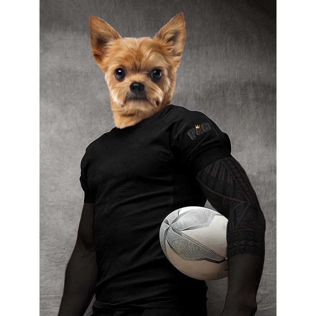The Rugby Player: Custom Pet Digital Portrait - Paw & Glory, paw and glory, custom dog painting, aristocrat dog painting, pet portraits, professional pet photos, portrait with dog, pet portraits
