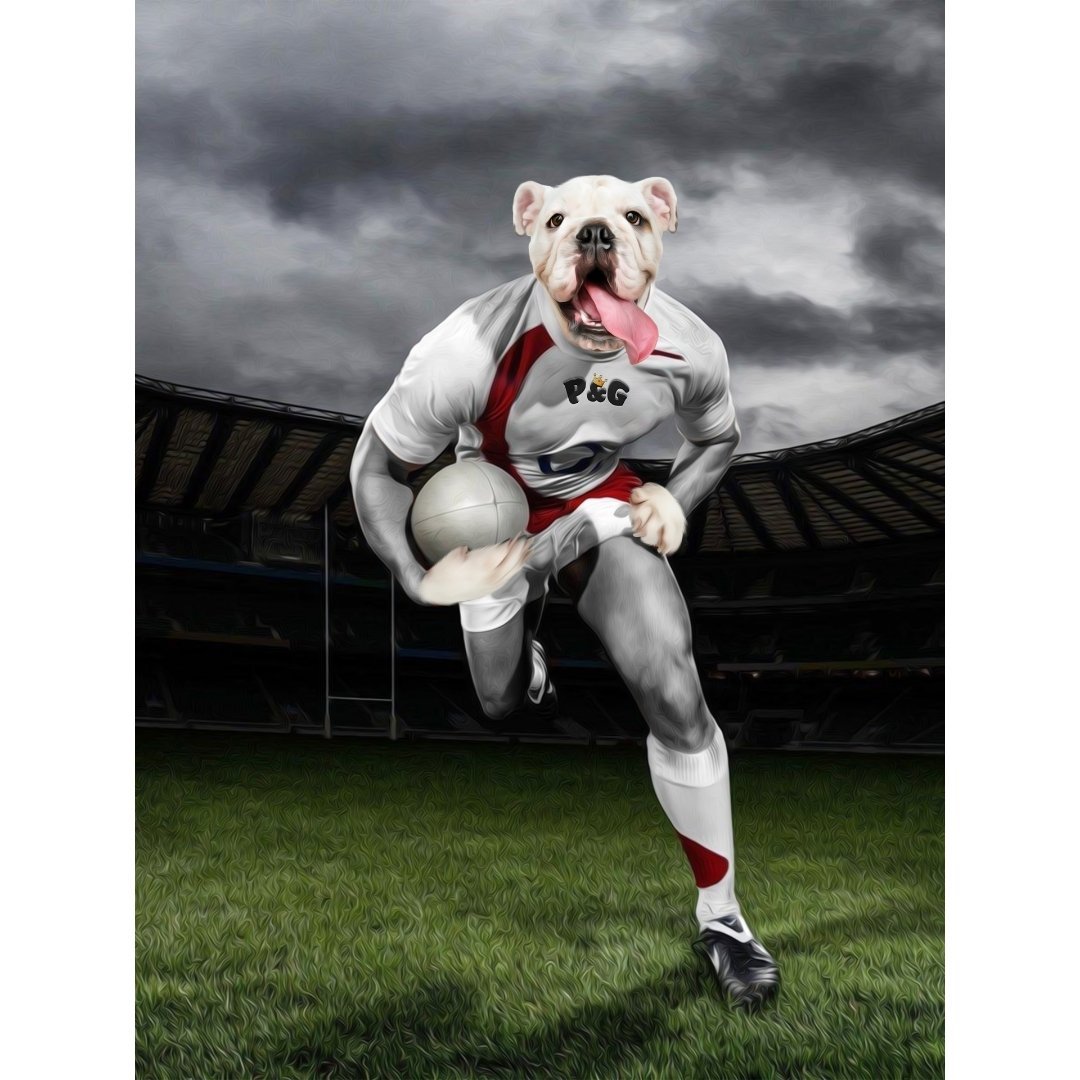 The Rugby Winger: Custom Pet Digital Portrait - Paw & Glory, paw and glory, hogwarts dog houses, dog canvas art, dog astronaut photo, pet portrait admiral, custom dog painting, minimal dog art, pet portraits
