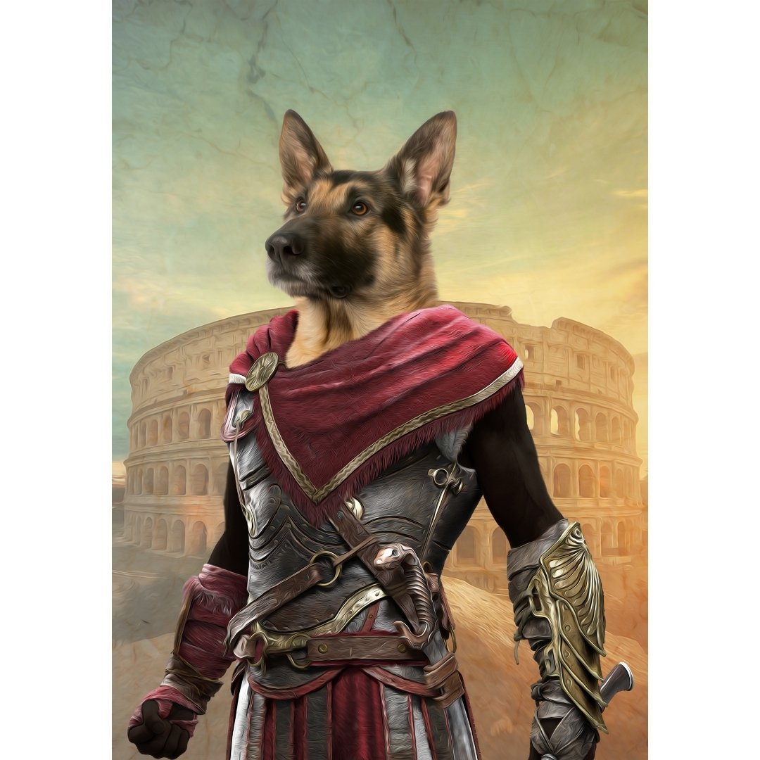 The Spartan: Custom Pet Digital Portrait - Paw & Glory, paw and glory, pet and owner portraits, dog portrait costume, dog caricatures, painted pictures of your dog, man and dog portrait, victorian dog painting, pet portrait