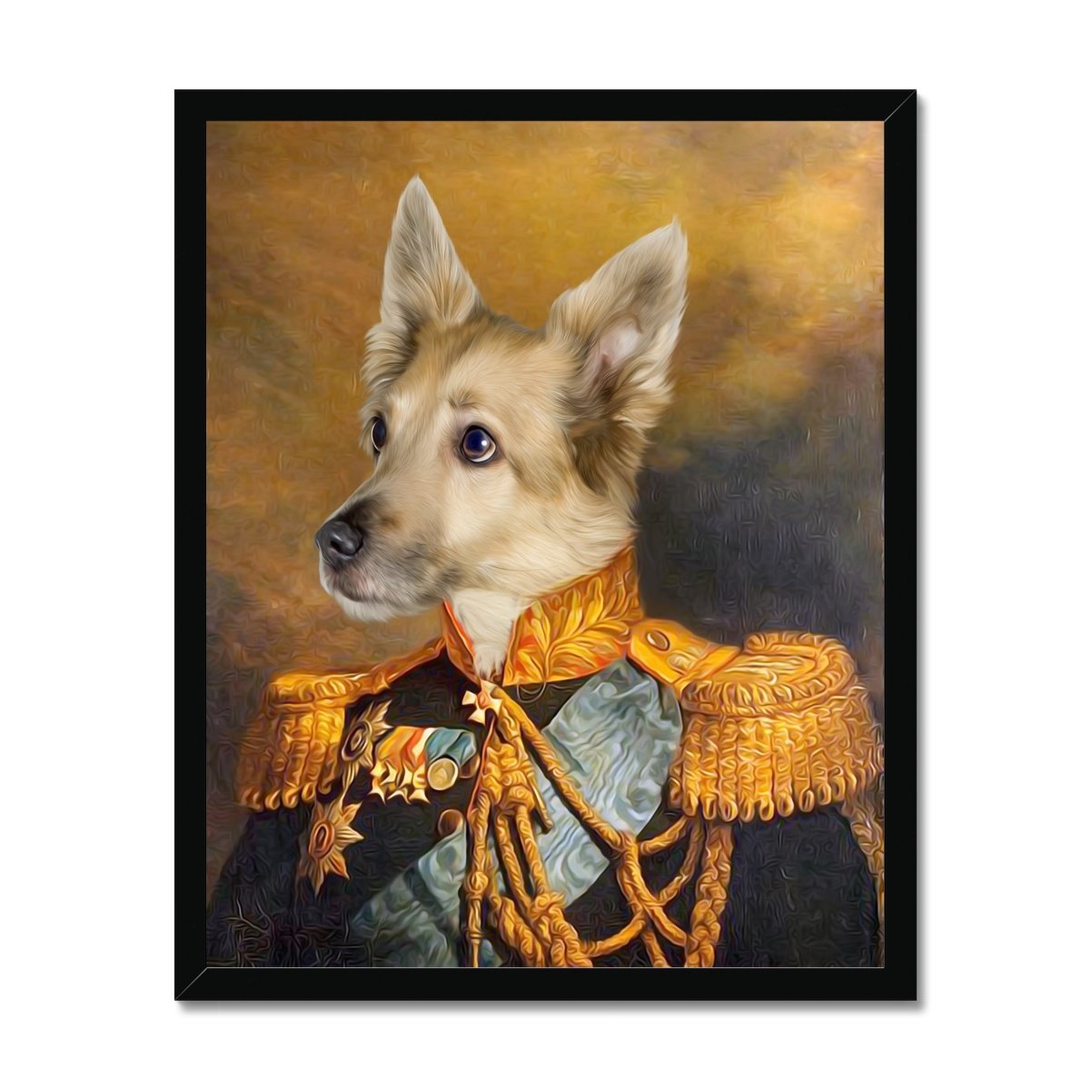 The Veteran: Custom Framed Pet Portrait - Paw & Glory, paw and glory, portrait with dog, dog into portrait, custom cat canvas, have your dog painted, websites like crown and paw, dog art from photo, pet portraits