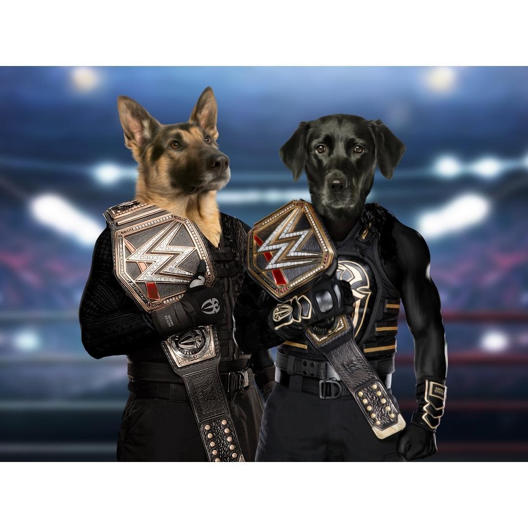 WrestleMania Champs: Custom Digital Pet Portrait - Paw & Glory, paw and glory, personalized pet and owner canvas, dog and couple portrait, painting of your dog, admiral pet portrait, minimal dog art, hogwarts dog houses, pet portrait