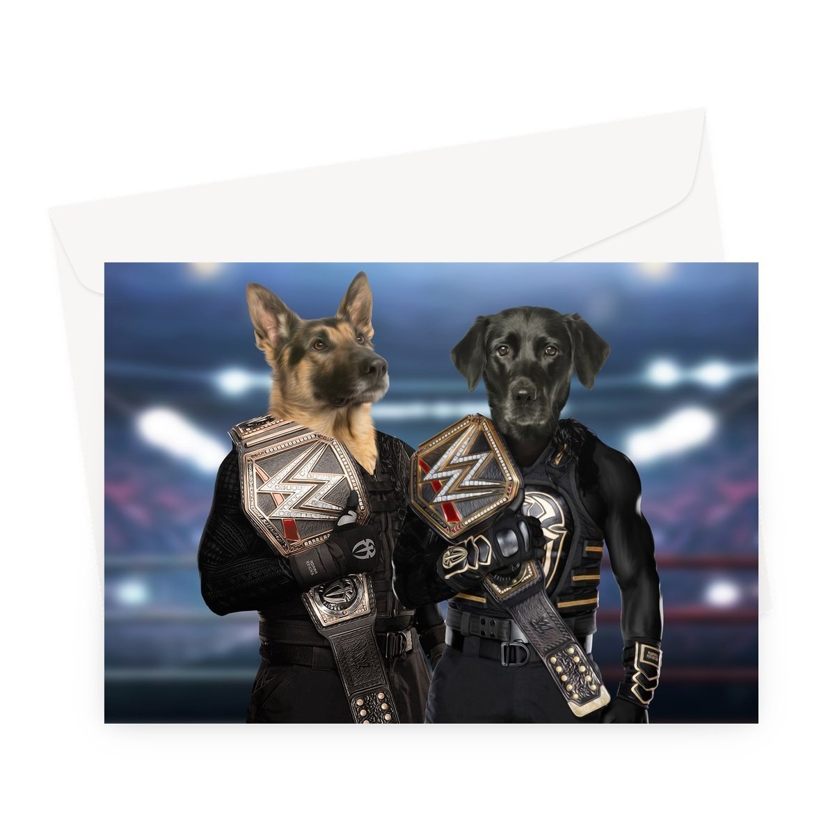 WrestleMania Champs: Custom Pet Greeting Card - Paw & Glory - paw and glory, drawing pictures of pets, personalized pet and owner canvas, the admiral dog portrait, hogwarts dog houses, funny dog paintings, original pet portraits, pet portraits