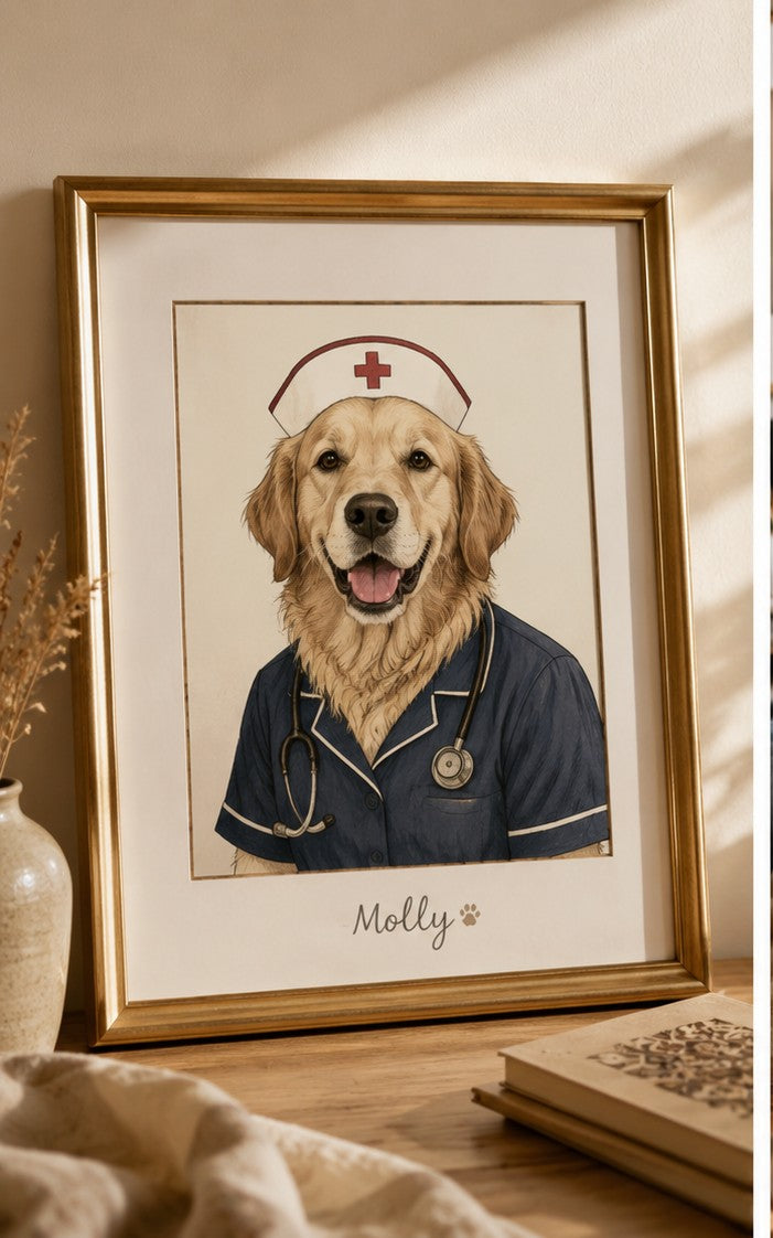 A framed portrait of Molly dressed as a nurse